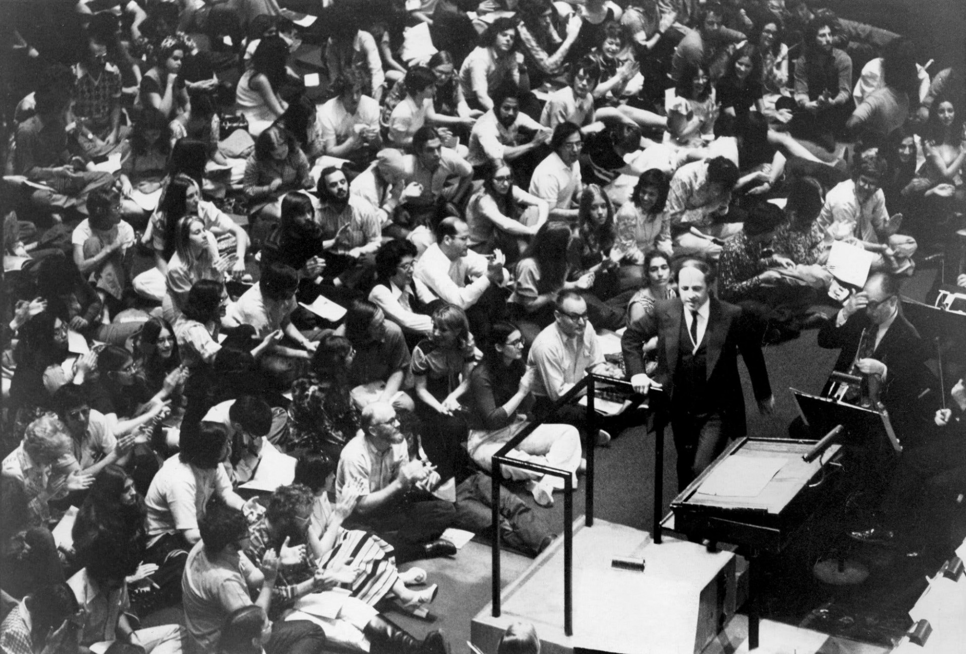 Pierre Boulez leading one of the New York Philharmonic’s so-called rug concerts in 1975.Credit. Jack Mitchell.