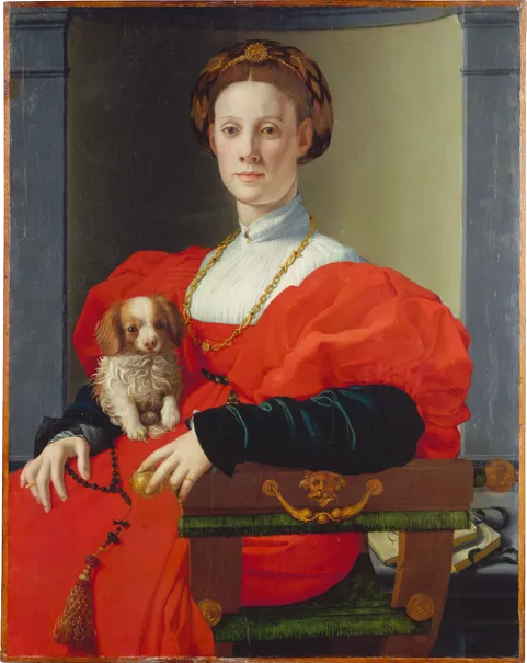 woman holding dog in painting